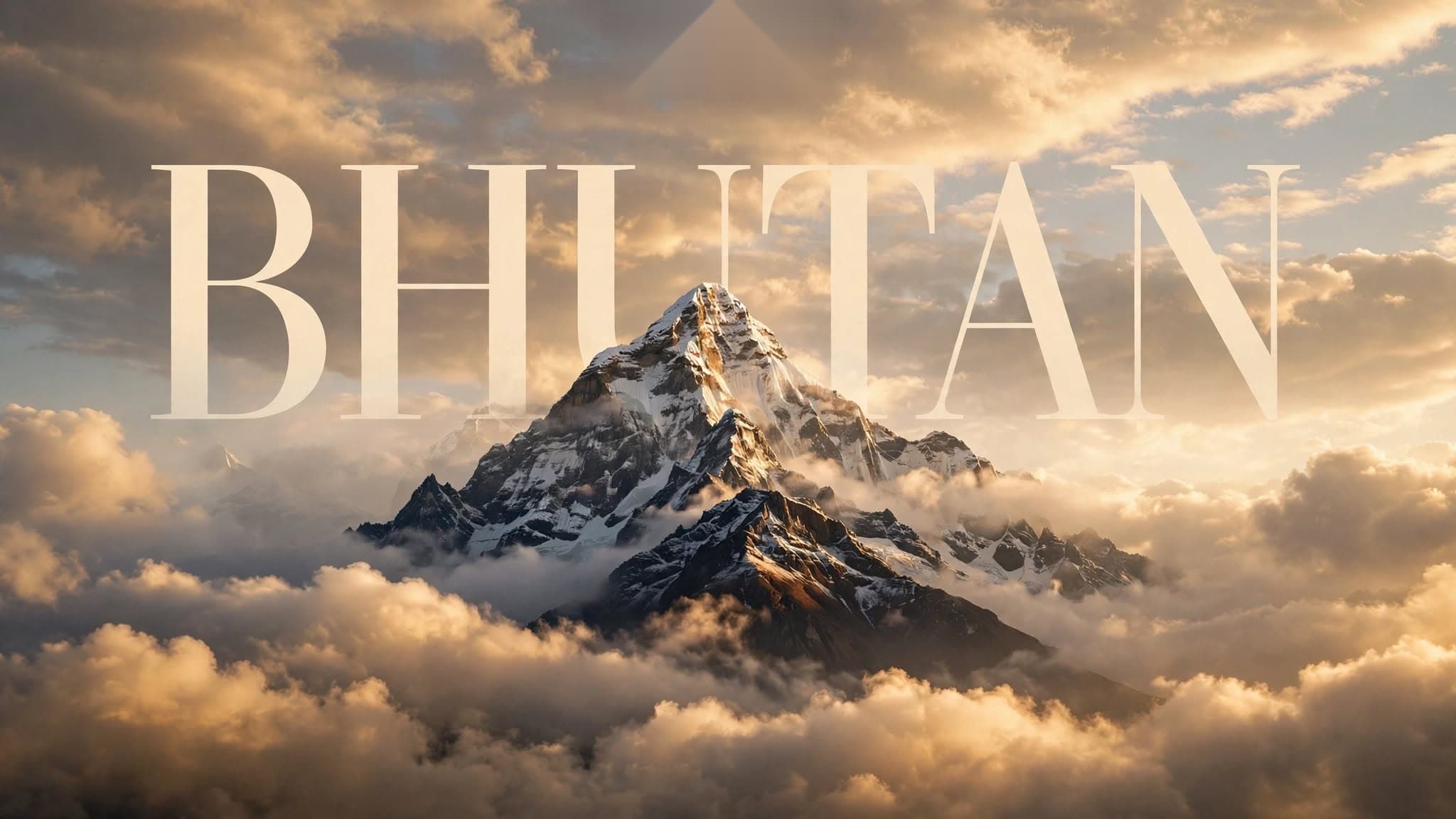 The word Bhutan over a snow-covered Himalayan peak rising above clouds.