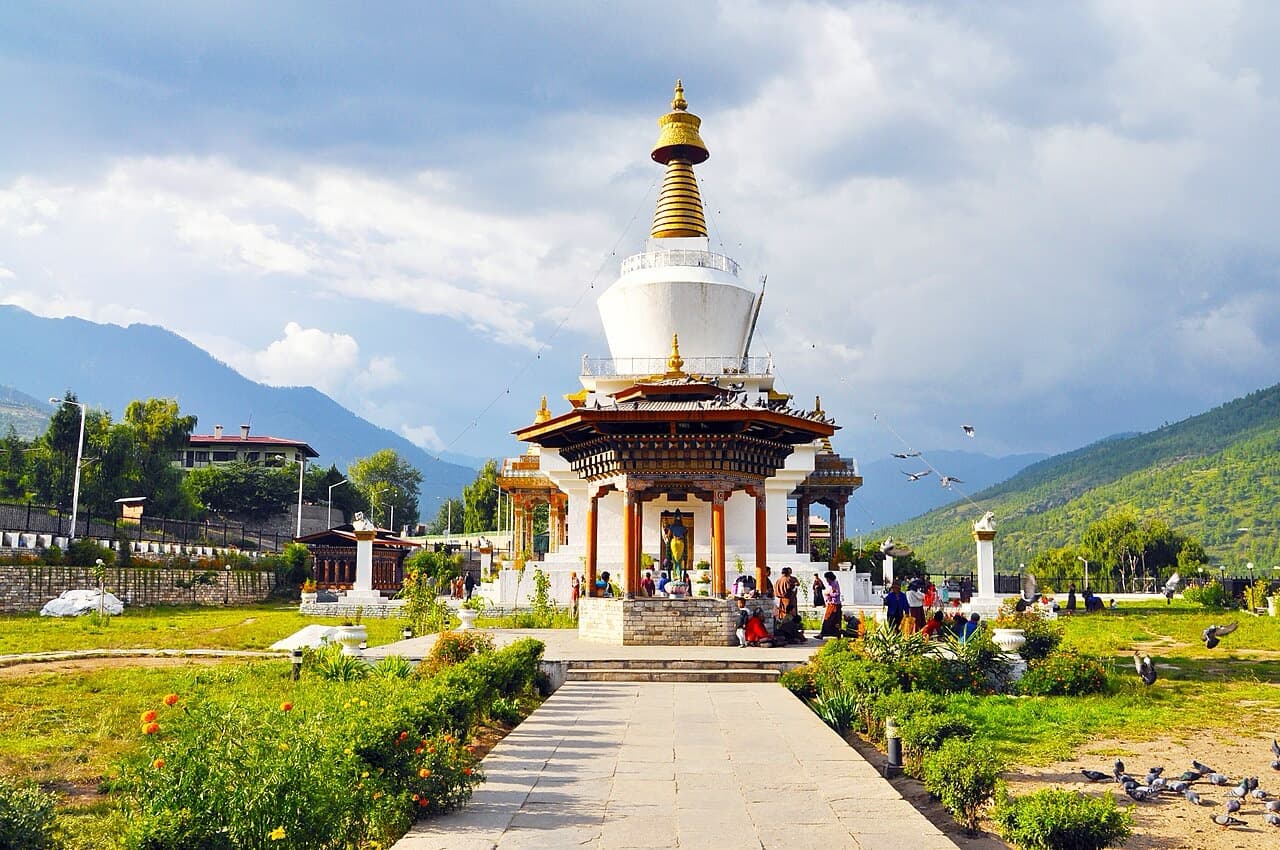 Bhutanese stupa in a landscaped valley