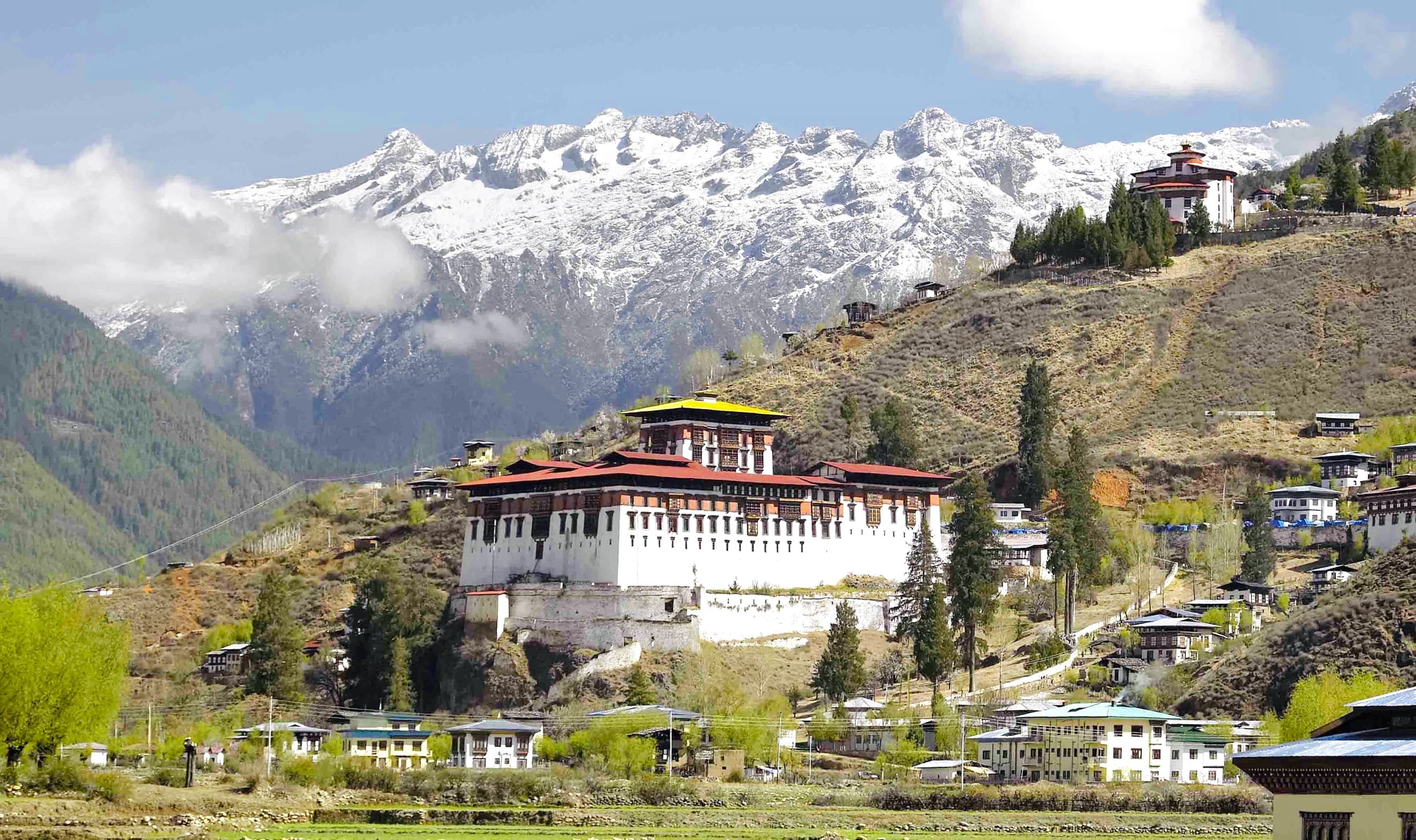 Bhutanese dzong in a green valley
